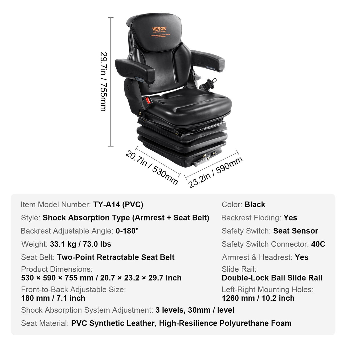 VEVOR Universal Forklift Seat Adjustable Tractor Seat with Seatbelt Armrests