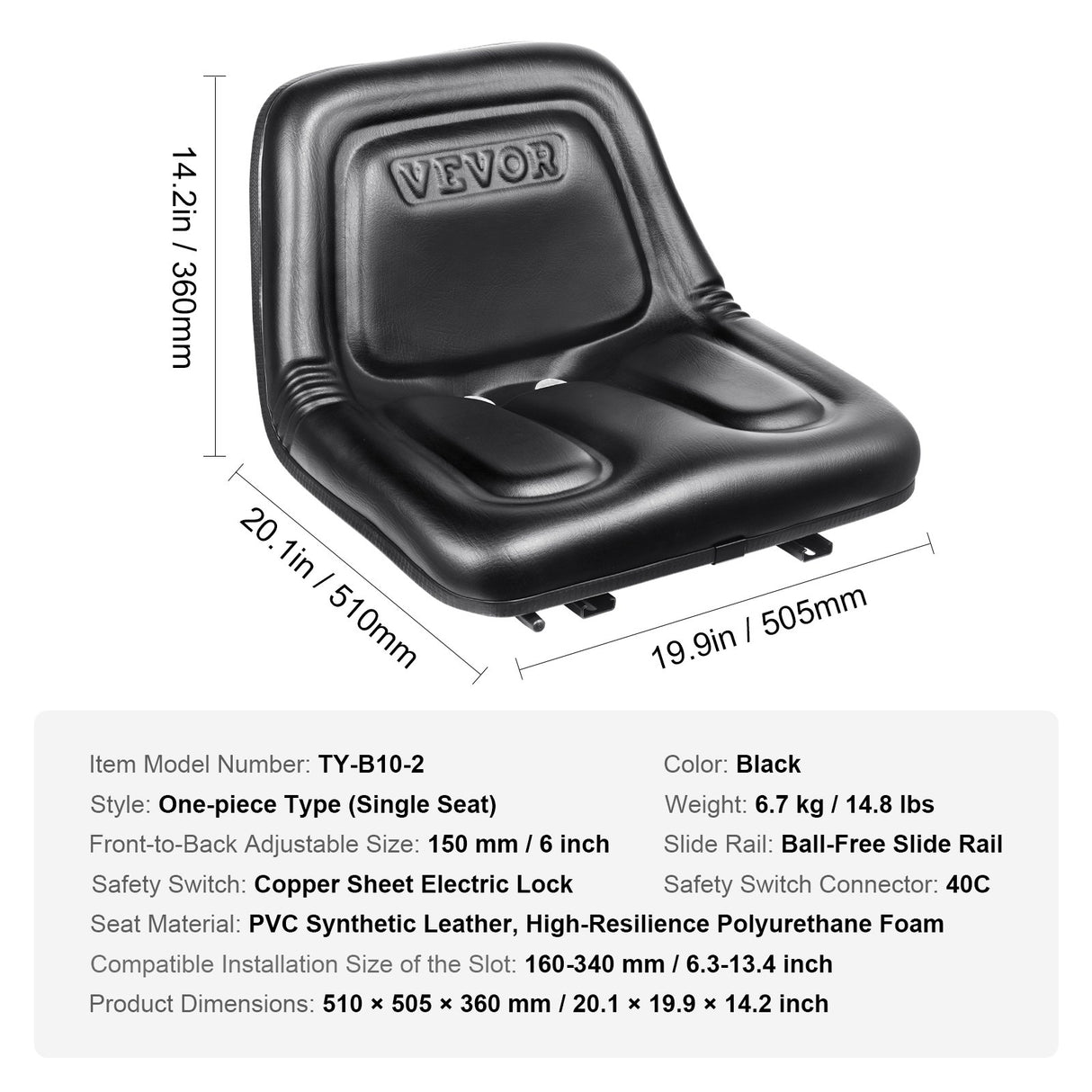 VEVOR Universal Tracor Seat, Lawn Mower Seat with Micro Switch and Drainage Holes, 16-34 cm Extended Slot Tractor Seat for Tractor Loader Excavator