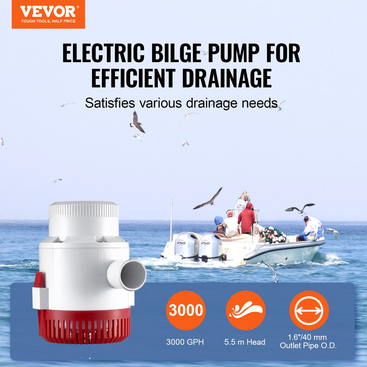 VEVOR Bilge Pump, 3000GPH Automatic Submersible Boat Bilge Water Pump with Float Switch, 40 mm Outlet Diameter, Small Boat Bilge Pump, Marine Electric