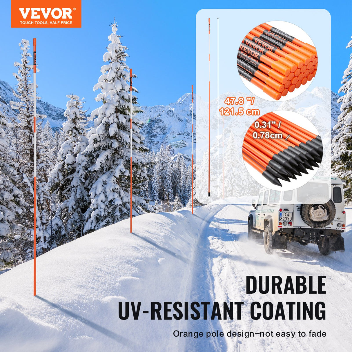 VEVOR Driveway Markers, 30 PCS 121.5cm, 0.78cm Diameter, Orange Fiberglass Poles Snow Stakes with Reflective Tape, 30cm Steel Drill Bit & Protection Gloves for Parking Lots, Walkways Easy Visibility