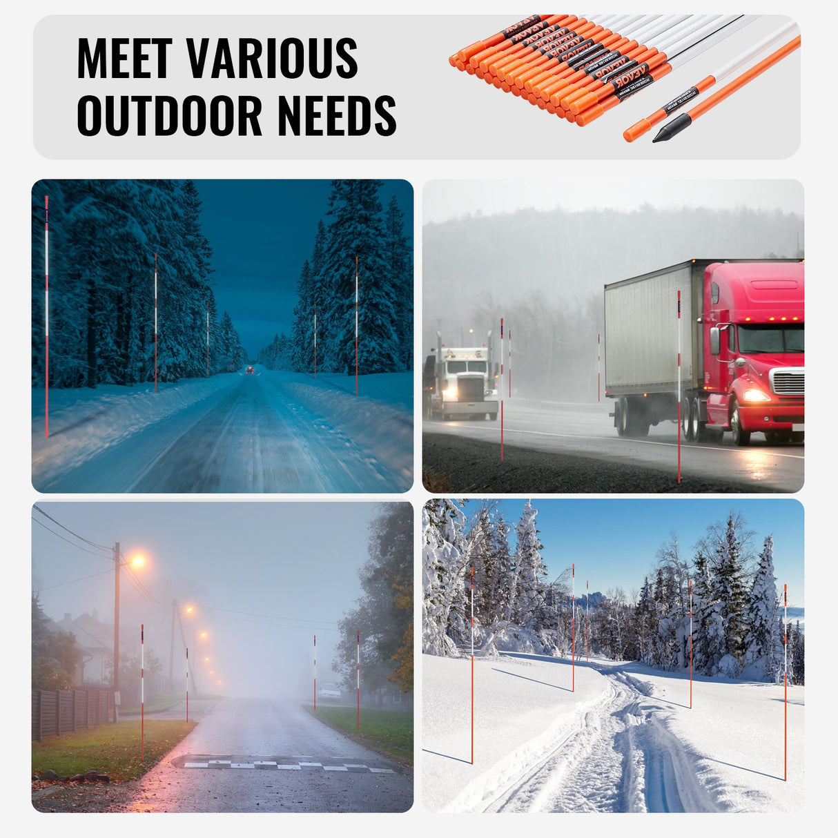 VEVOR Driveway Markers, 30 PCS 121.5cm, 0.78cm Diameter, Orange Fiberglass Poles Snow Stakes with Reflective Tape, 30cm Steel Drill Bit & Protection Gloves for Parking Lots, Walkways Easy Visibility