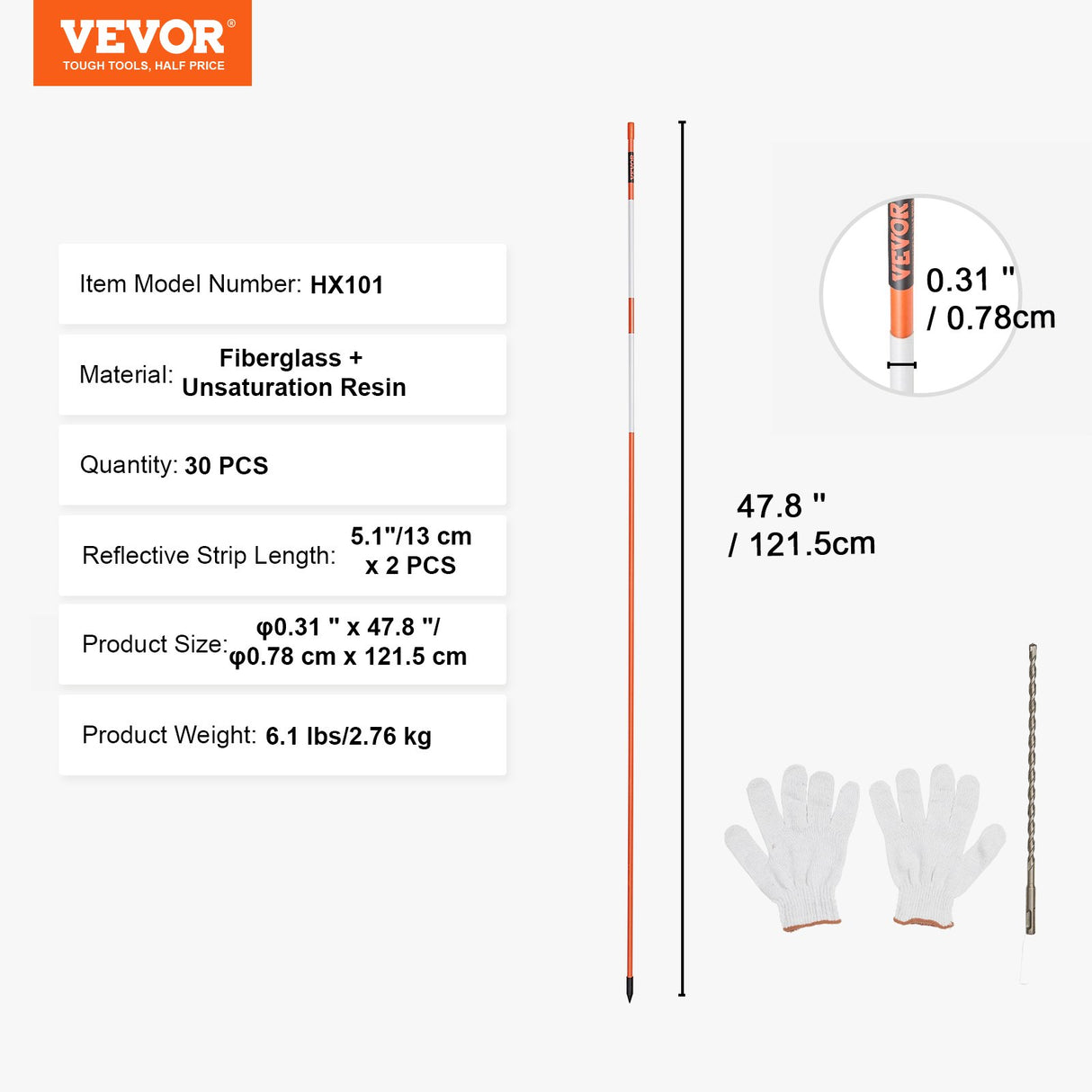 VEVOR Driveway Markers, 30 PCS 121.5cm, 0.78cm Diameter, Orange Fiberglass Poles Snow Stakes with Reflective Tape, 30cm Steel Drill Bit & Protection