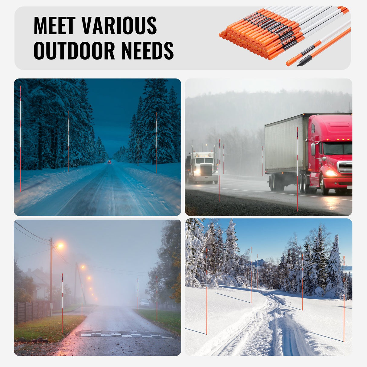 VEVOR Driveway Markers, 50 PCS 121.5 cm, 0.78 cm Diameter Orange Fiberglass Poles Snow Stakes with Reflective Tape, 30 cm Steel Drill Bit & Protection Gloves for Parking Lots, Walkways Easy Visibility