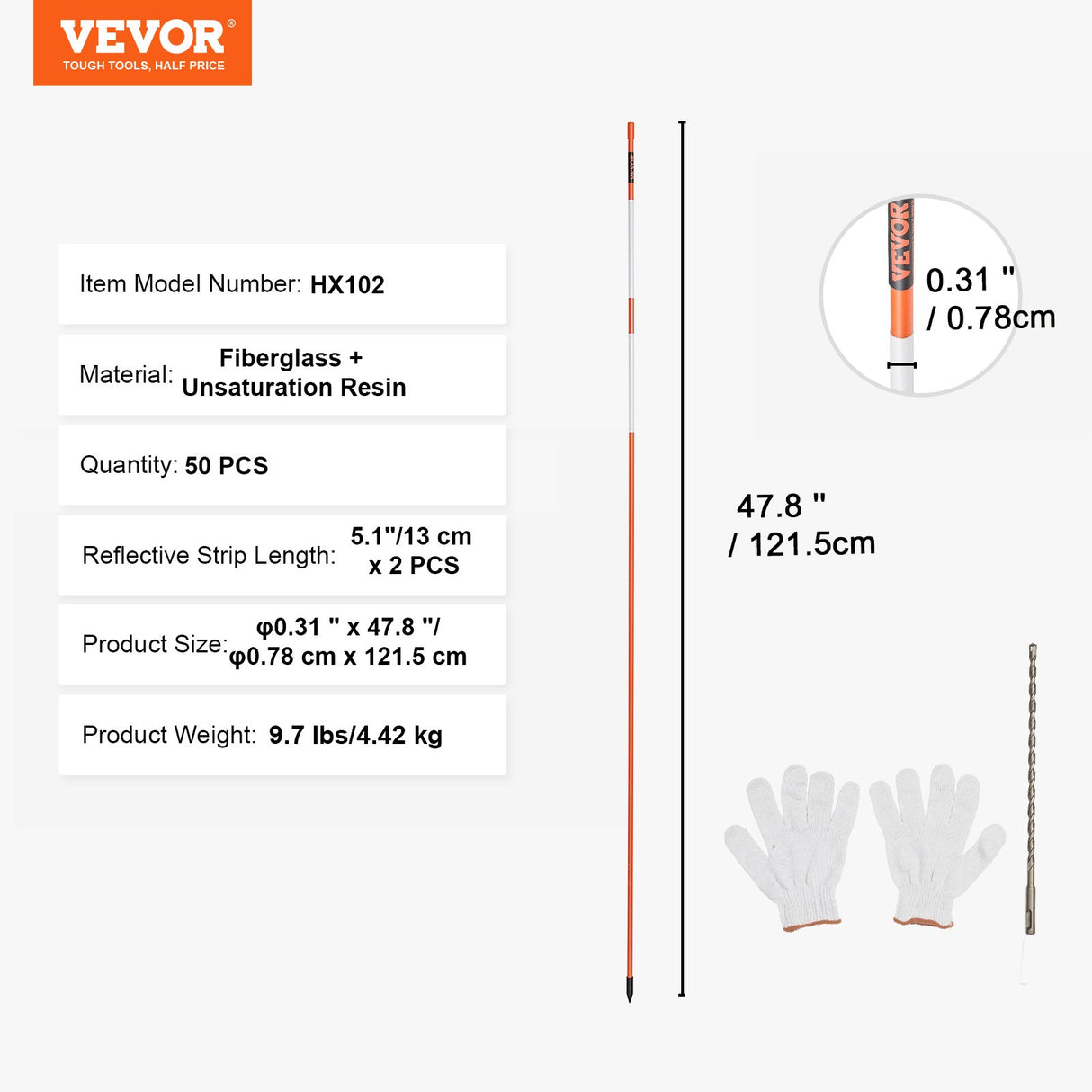 VEVOR Driveway Markers, 50 PCS 121.5 cm, 0.78 cm Diameter Orange Fiberglass Poles Snow Stakes with Reflective Tape, 30 cm Steel Drill Bit & Protection Gloves for Parking Lots, Walkways Easy Visibility