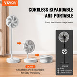 VEVOR 12 Inch Foldable Oscillating Standing Fan with Remote Control, 4 Speed Adjustable Portable Desk Quiet Fan, 7200mah Rechargeable USB Small Fan, Folded Rotating Floor Fan for Bedroom Office Travel - Front View