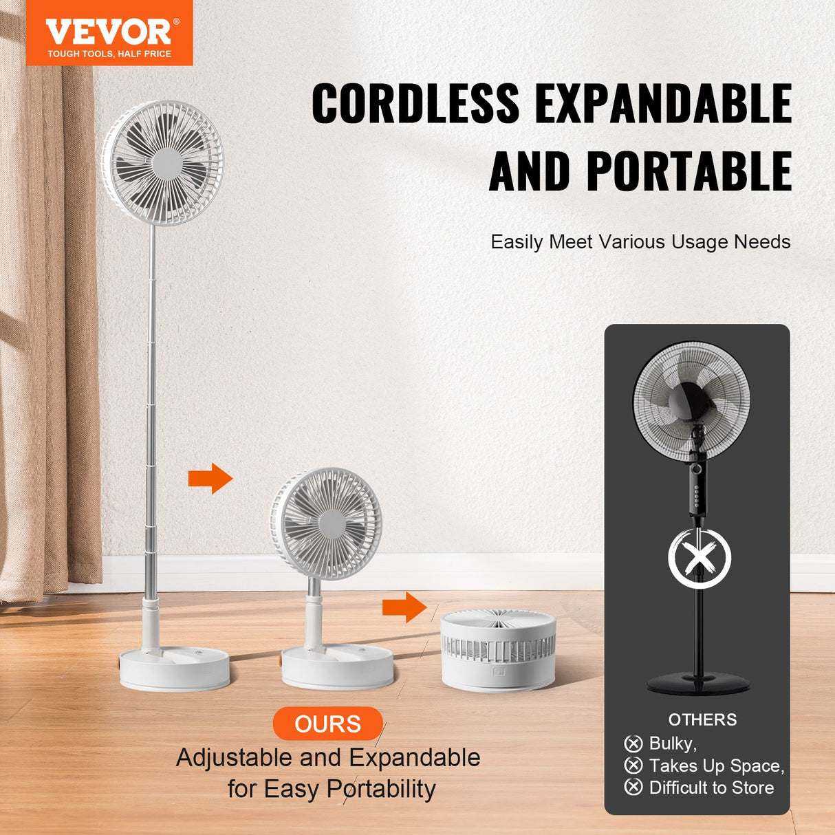 VEVOR 8 Inch Foldable Oscillating Standing Fan with Remote Control, 4 Speed Adjustable Portable Desk Quiet Fan, 7200mah Rechargeable USB Small Fan,
