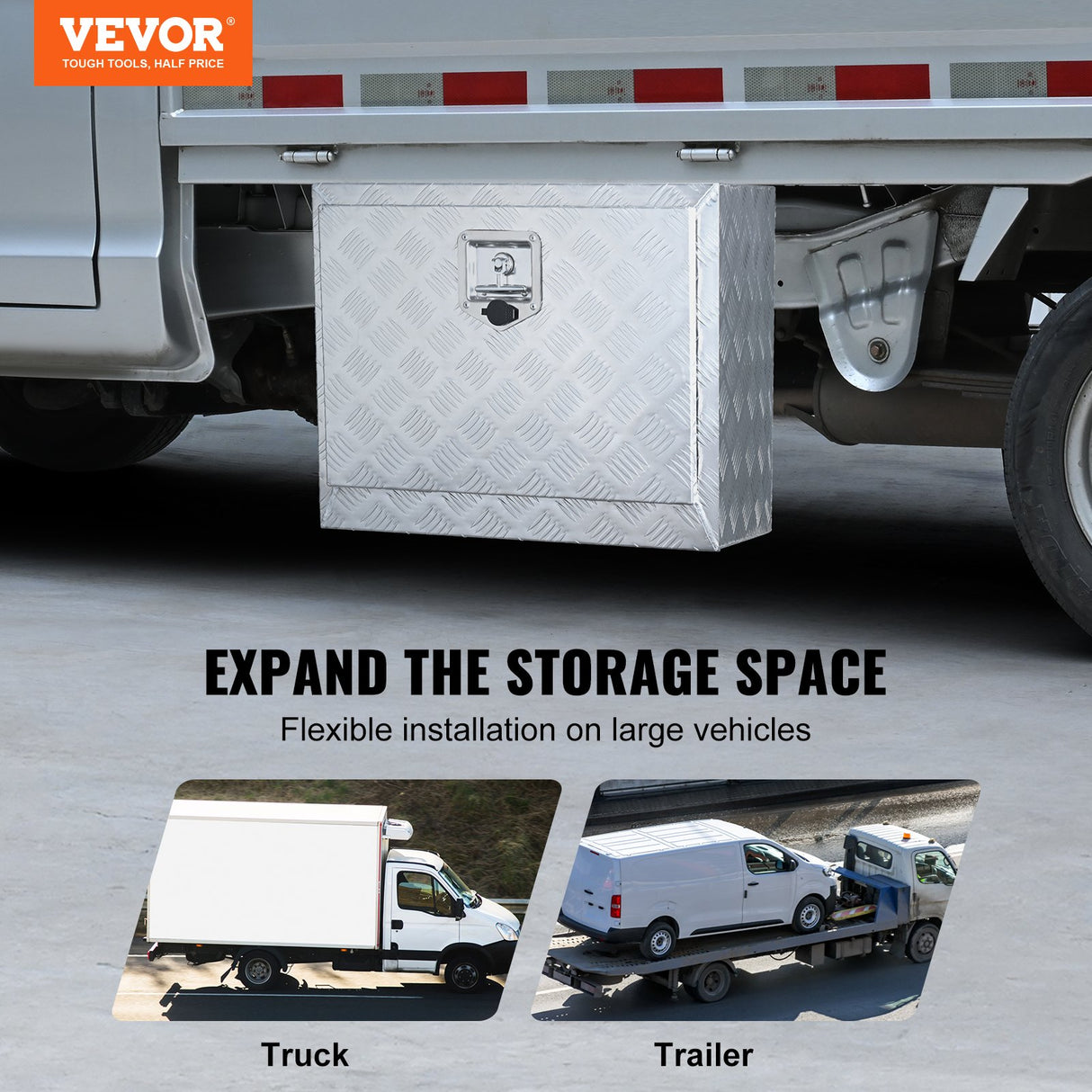 VEVOR Underbody Truck Box, 24"?14"?16" Pickup Storage Box, Heavy Duty Aluminum Diamond Plate Tool Box with Lock and Keys, Waterproof Trailer Storage