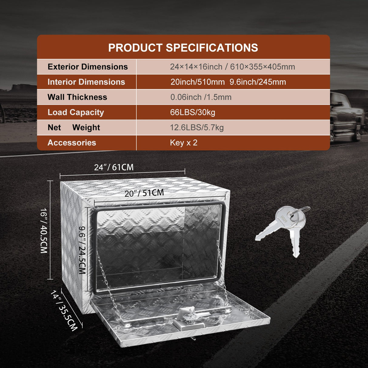 VEVOR Underbody Truck Box, 24"?14"?16" Pickup Storage Box, Heavy Duty Aluminum Diamond Plate Tool Box with Lock and Keys, Waterproof Trailer Storage