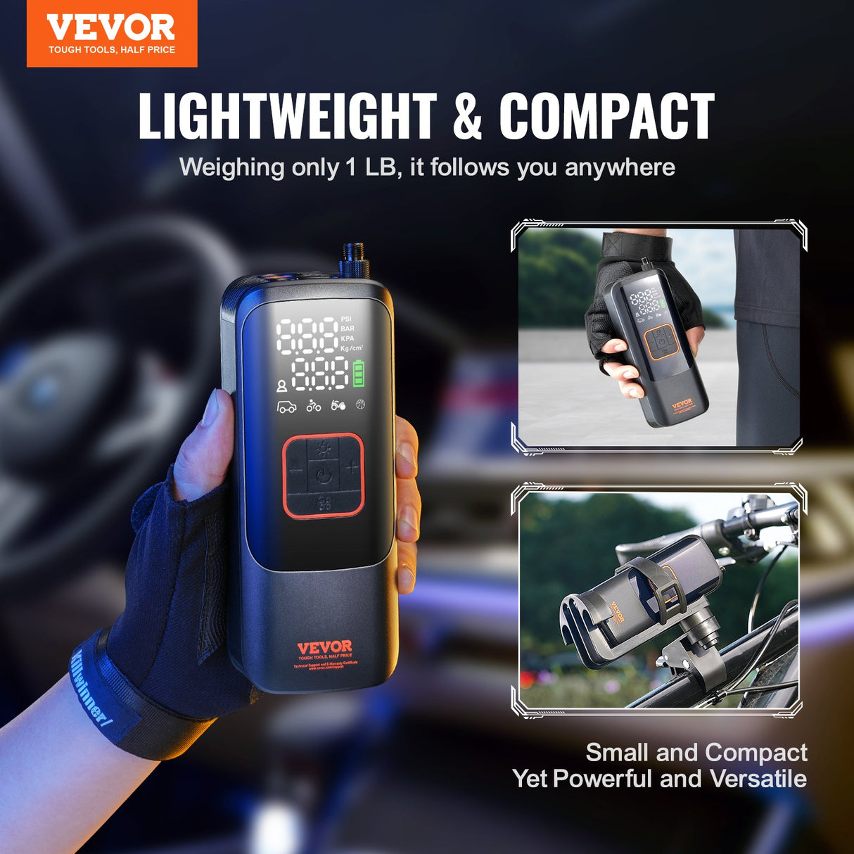VEVOR Tire Inflator Portable Air Compressor, 150 PSI Electric Air Pump, 4000mAh Rechargeable Tire Pump with Auto-Off Function, LCD Pressure Gauge, 3 Nozzles, LED Light for Car Motorcycle Bike Ball