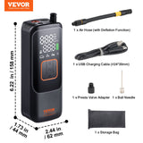 VEVOR Tire Inflator Portable Air Compressor, 150 PSI Electric Air Pump, 4000mAh Rechargeable Tire Pump with Auto-Off Function, LCD Pressure Gauge, 3 Nozzles, LED Light for Car Motorcycle Bike Ball - Rear View