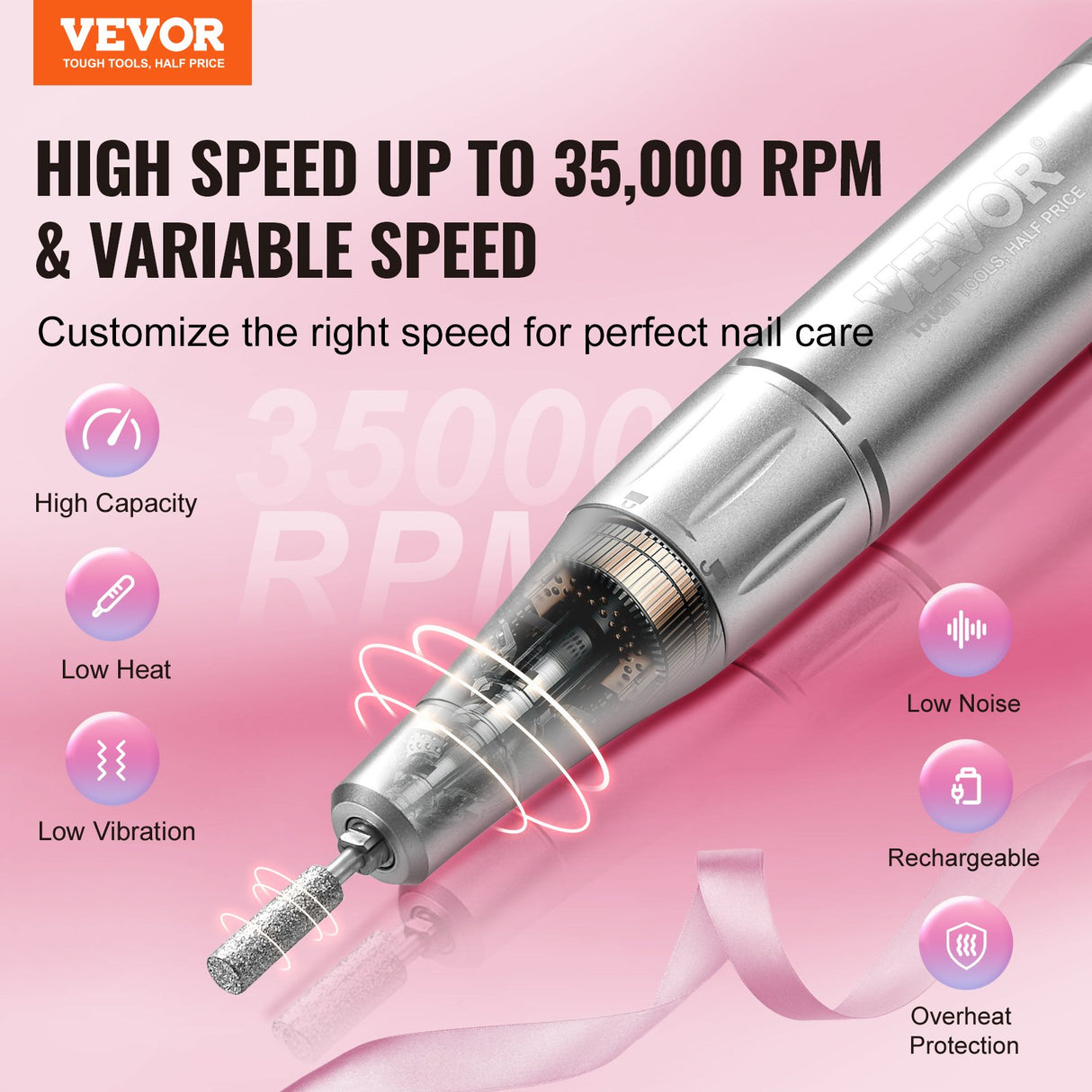 VEVOR Electric Rechargeable Nail Drill, 35,000RPM Portable Cordless Nail E File Machine, LCD-Display Acrylic Gel Grinder Tool with 6 Bits and 50PCS