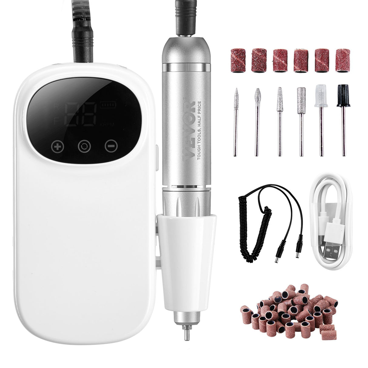 VEVOR Electric Rechargeable Nail Drill, 35,000RPM Portable Cordless Nail E File Machine, LCD-Display Acrylic Gel Grinder Tool with 6 Bits and 50PCS