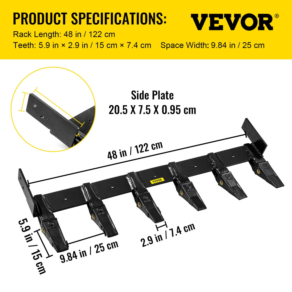 VEVOR Bucket Tooth Bar, 48in Inside Bucket Width Tractor Bucket Teeth, 9.84in Teeth Space Tooth Bar for Loader Bucket 23TF, Bolt on Tooth Bucket