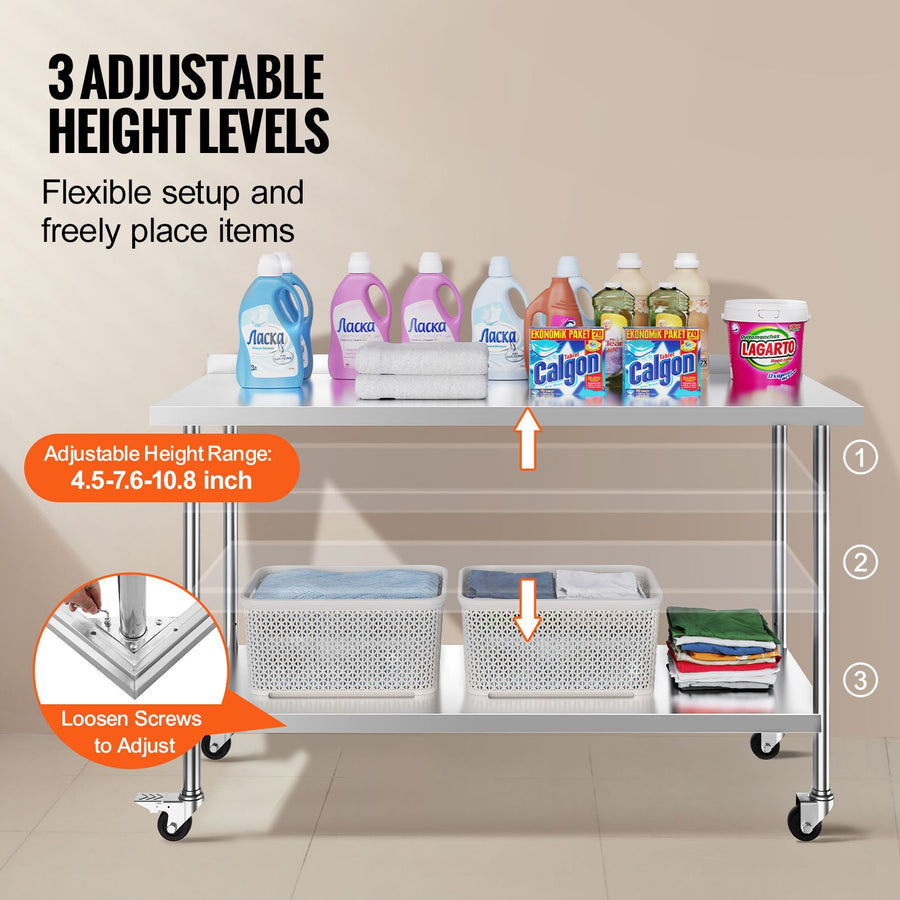 24 x 60 x 40 Inch Stainless Steel Work Table, Commercial Food Prep Worktable with Casters, Heavy Duty Prep Worktable, Metal Work Table with Adjustable Height for Restaurant, Home and Hotel