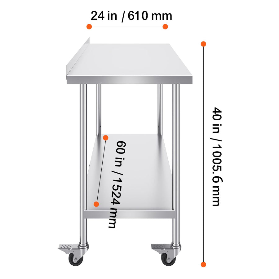 24 x 60 x 40 Inch Stainless Steel Work Table, Commercial Food Prep Worktable with Casters, Heavy Duty Prep Worktable, Metal Work Table with Adjustable Height for Restaurant, Home and Hotel