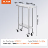 VEVOR Stainless Steel Work Table 30 x 12 x 38 Inch, with 4 Wheels, 3 Adjustable Height Levels, Heavy Duty Food Prep Worktable for Commercial Kitchen