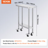 VEVOR Stainless Steel Work Table 30 x 12 x 38 Inch, with 4 Wheels, 3 Adjustable Height Levels, Heavy Duty Food Prep Worktable for Commercial Kitchen Restaurant, Silver - Close-Up Angle