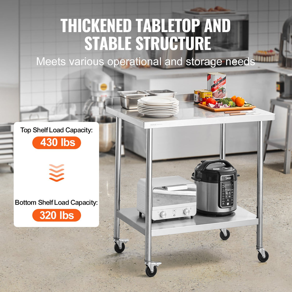 VEVOR 24 x 36 x 40 Inch Stainless Steel Work Table, Commercial Food Prep Worktable with Casters, Heavy Duty Prep Worktable, Metal Work Table with