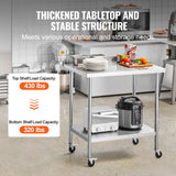 VEVOR 24 x 36 x 40 Inch Stainless Steel Work Table, Commercial Food Prep Worktable with Casters, Heavy Duty Prep Worktable, Metal Work Table with