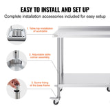 VEVOR 24 x 36 x 40 Inch Stainless Steel Work Table, Commercial Food Prep Worktable with Casters, Heavy Duty Prep Worktable, Metal Work Table with Adjustable Height for Restaurant, Home and Hotel - Rear View