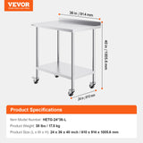 VEVOR 24 x 36 x 40 Inch Stainless Steel Work Table, Commercial Food Prep Worktable with Casters, Heavy Duty Prep Worktable, Metal Work Table with Adjustable Height for Restaurant, Home and Hotel - Close-Up Angle