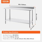 VEVOR 24 x 60 x 36 Inch Stainless Steel Work Table, Commercial Food Prep Worktable Heavy Duty Prep Worktable, Metal Work Table with Adjustable Height
