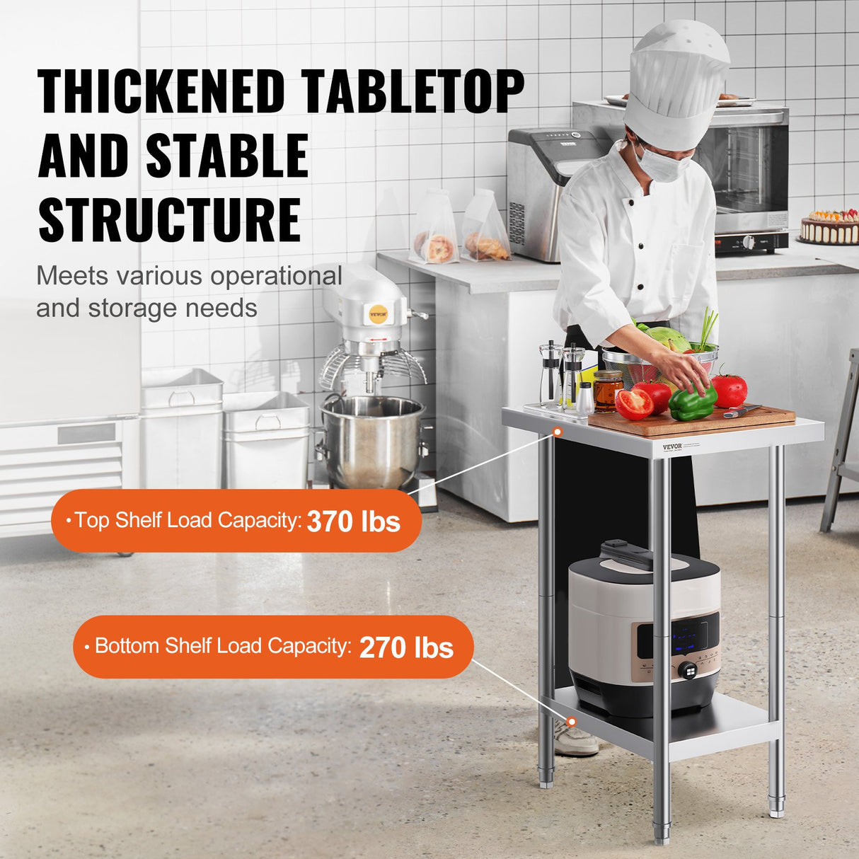 VEVOR Stainless Steel Prep Table, 24 x 18 x 34 Inch, Heavy Duty Metal Worktable with 3 Adjustable Height Levels, Commercial Workstation for Kitchen