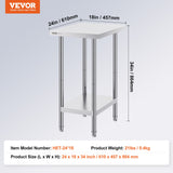 VEVOR Stainless Steel Prep Table, 24 x 18 x 34 Inch, Heavy Duty Metal Worktable with 3 Adjustable Height Levels, Commercial Workstation for Kitchen Garage Restaurant Backyard - Close-Up Angle