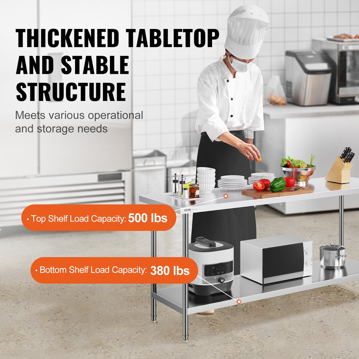 VEVOR Stainless Steel Prep Table, 24 x 72 x 34 Inch, Heavy Duty Metal Worktable with 3 Adjustable Height Levels, Commercial Workstation for Kitchen