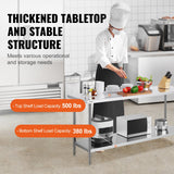 VEVOR Stainless Steel Prep Table, 24 x 72 x 34 Inch, Heavy Duty Metal Worktable with 3 Adjustable Height Levels, Commercial Workstation for Kitchen