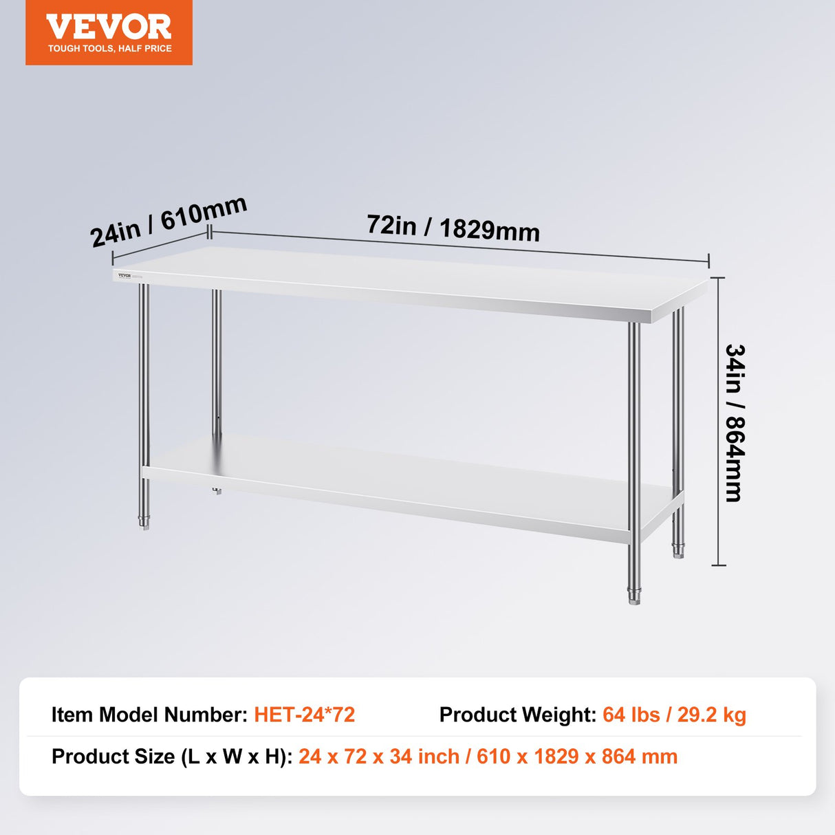 VEVOR Stainless Steel Prep Table, 24 x 72 x 34 Inch, Heavy Duty Metal Worktable with 3 Adjustable Height Levels, Commercial Workstation for Kitchen