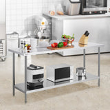 VEVOR Stainless Steel Prep Table, 24 x 72 x 34 Inch, Heavy Duty Metal Worktable with 3 Adjustable Height Levels, Commercial Workstation for Kitchen