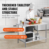 VEVOR Stainless Steel Prep Table, 30 x 48 x 34 Inch, Heavy Duty Metal Worktable with 3 Adjustable Height Levels, Commercial Workstation for Kitchen Garage Restaurant Backyard - Side View