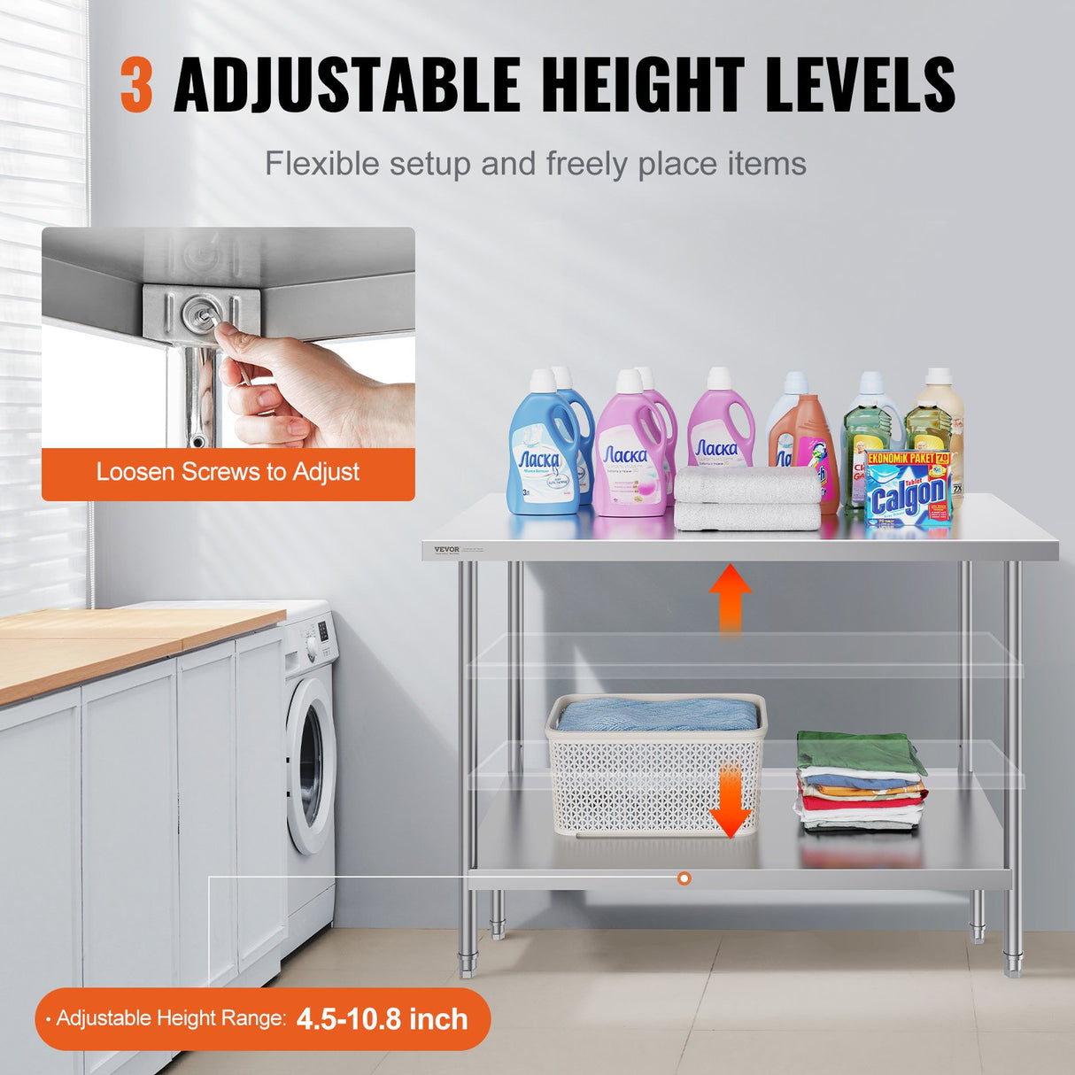 VEVOR Stainless Steel Prep Table, 30 x 48 x 34 Inch, Heavy Duty Metal Worktable with 3 Adjustable Height Levels, Commercial Workstation for Kitchen Garage Restaurant Backyard