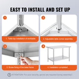 VEVOR Stainless Steel Prep Table, 30 x 48 x 34 Inch, Heavy Duty Metal Worktable with 3 Adjustable Height Levels, Commercial Workstation for Kitchen Garage Restaurant Backyard - Rear View