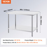 VEVOR Stainless Steel Prep Table, 30 x 48 x 34 Inch, Heavy Duty Metal Worktable with 3 Adjustable Height Levels, Commercial Workstation for Kitchen