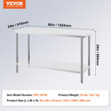 VEVOR Stainless Steel Work Prep Table Commercial Worktable Food Prep 24x60x34in - Close-Up Angle
