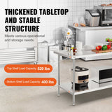 VEVOR Stainless Steel Prep Table, 30 x 72 x 34 Inch, Heavy Duty Metal Worktable with 3 Adjustable Height Levels, Commercial Workstation for Kitchen - Side View