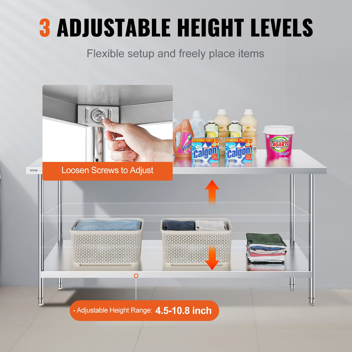 VEVOR Stainless Steel Prep Table, 30 x 72 x 34 Inch, Heavy Duty Metal Worktable with 3 Adjustable Height Levels, Commercial Workstation for Kitchen