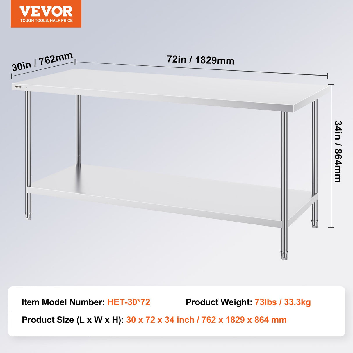 VEVOR Stainless Steel Prep Table, 30 x 72 x 34 Inch, Heavy Duty Metal Worktable with 3 Adjustable Height Levels, Commercial Workstation for Kitchen