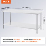 VEVOR Stainless Steel Prep Table, 30 x 72 x 34 Inch, Heavy Duty Metal Worktable with 3 Adjustable Height Levels, Commercial Workstation for Kitchen - Close-Up Angle