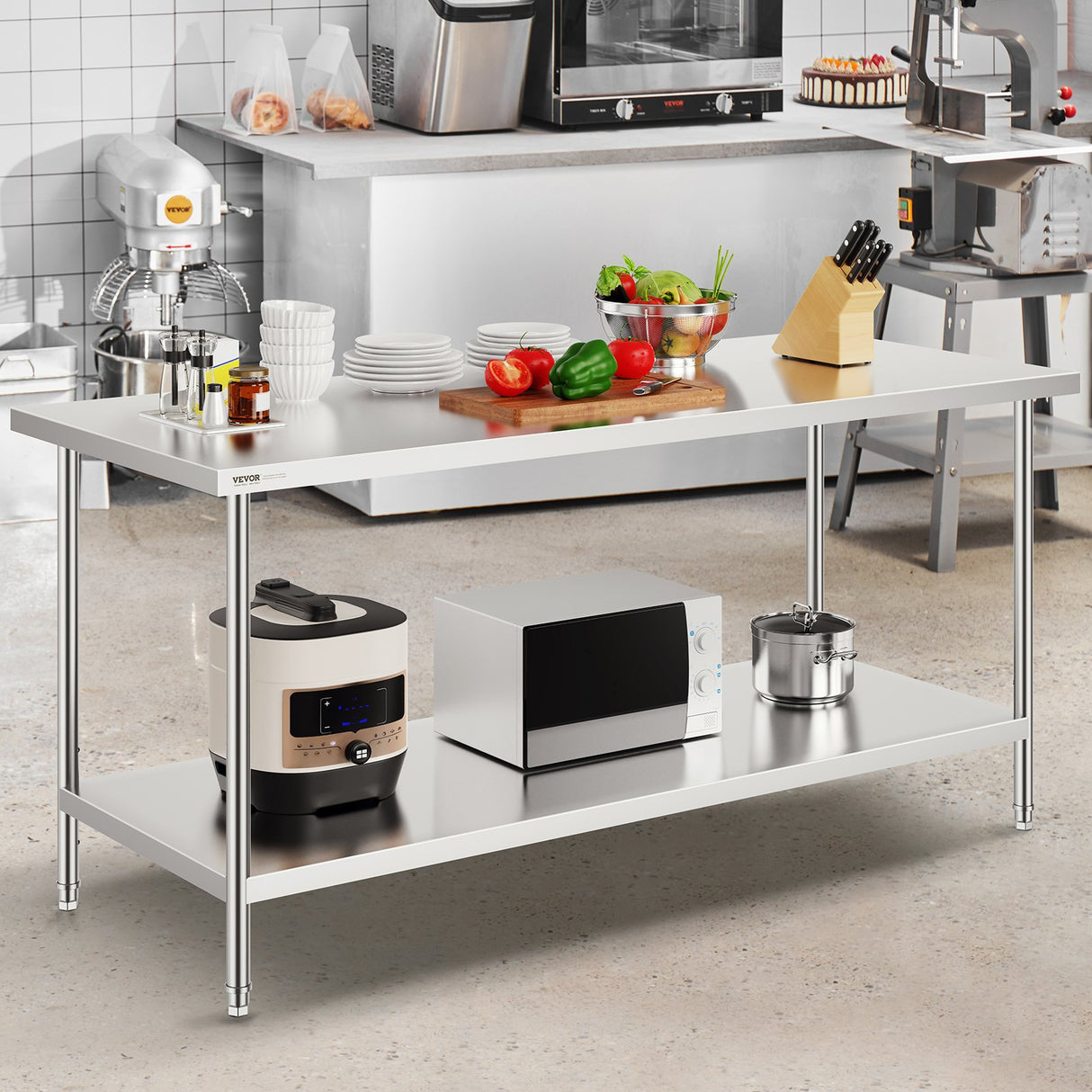 VEVOR Stainless Steel Prep Table, 30 x 72 x 34 Inch, Heavy Duty Metal Worktable with 3 Adjustable Height Levels, Commercial Workstation for Kitchen