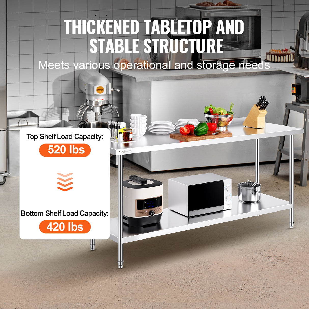 VEVOR 24 x 72 x 36 Inch Stainless Steel Work Table, Commercial Food Prep Worktable Heavy Duty Prep Worktable, Metal Work Table with Adjustable Height