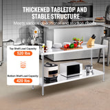 VEVOR 24 x 72 x 36 Inch Stainless Steel Work Table, Commercial Food Prep Worktable Heavy Duty Prep Worktable, Metal Work Table with Adjustable Height
