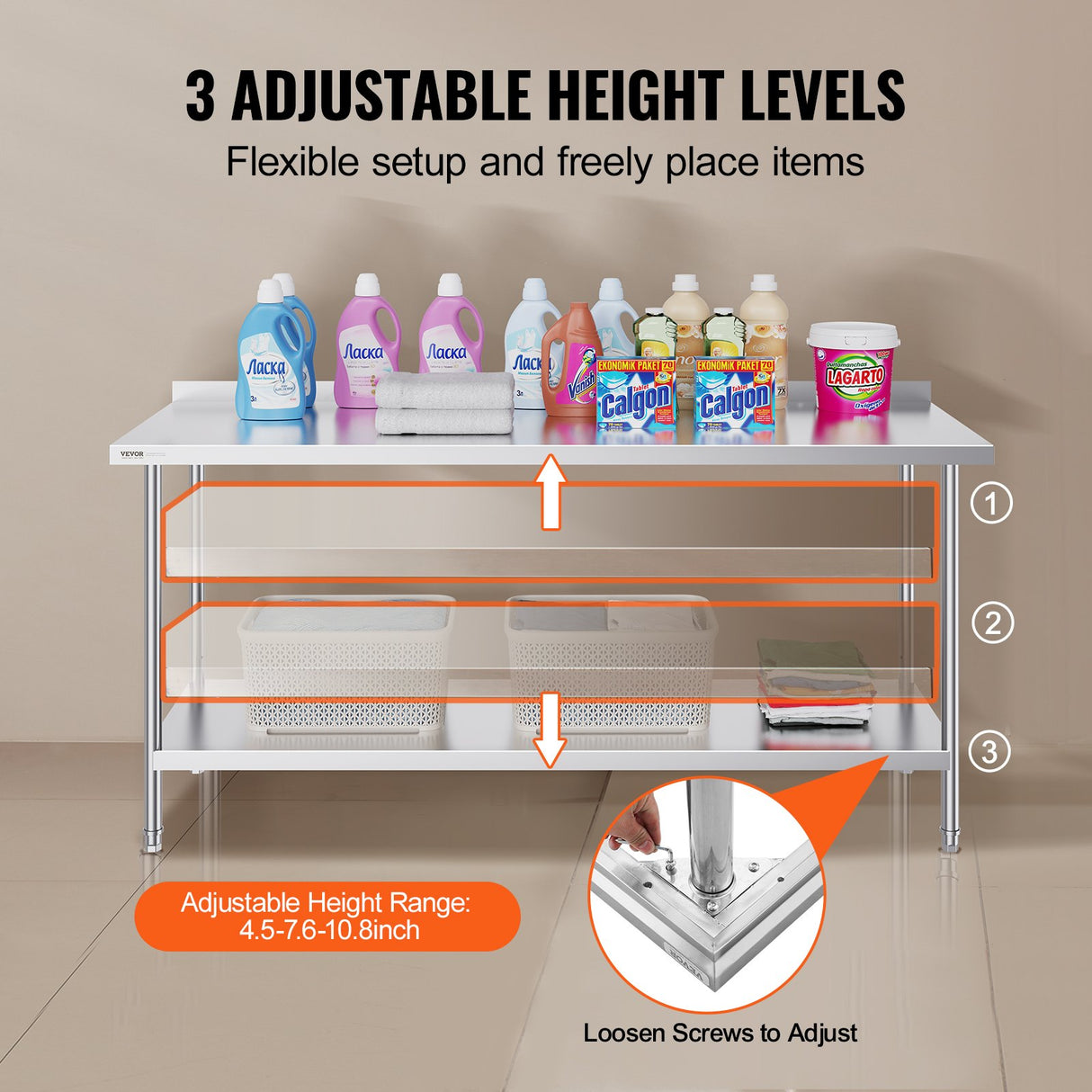 VEVOR 24 x 72 x 36 Inch Stainless Steel Work Table, Commercial Food Prep Worktable Heavy Duty Prep Worktable, Metal Work Table with Adjustable Height