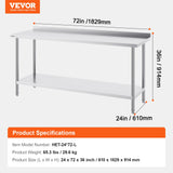VEVOR 24 x 72 x 36 Inch Stainless Steel Work Table, Commercial Food Prep Worktable Heavy Duty Prep Worktable, Metal Work Table with Adjustable Height