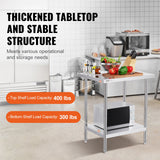 VEVOR Stainless Steel Prep Table, 24 x 30 x 34 Inch, Heavy Duty Metal Worktable with 3 Adjustable Height Levels, Commercial Workstation for Kitchen Garage Restaurant Backyard - Side View