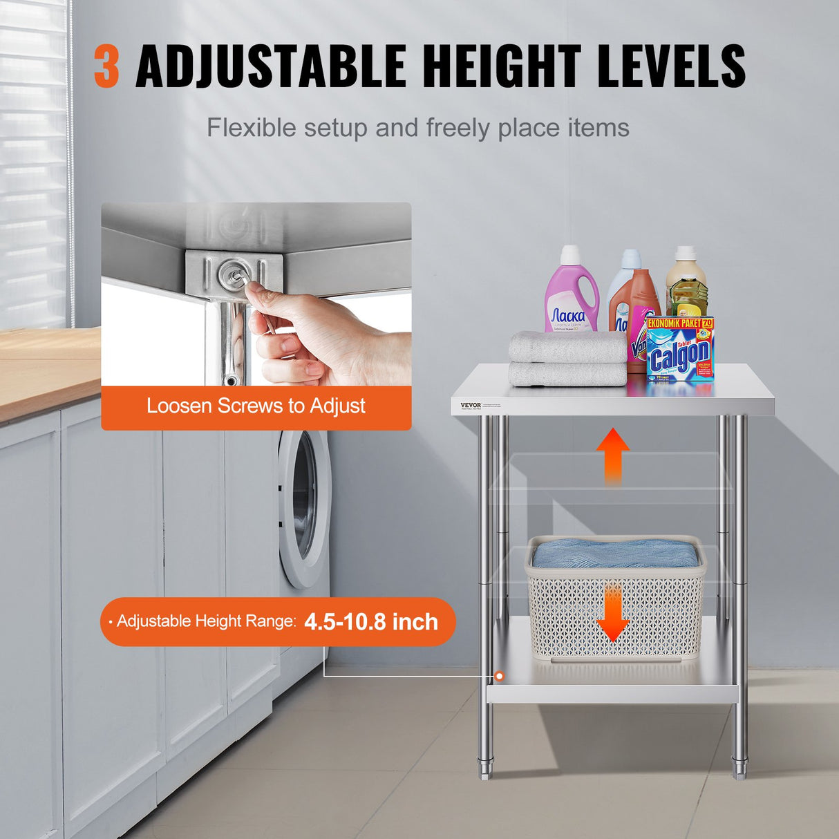 VEVOR Stainless Steel Prep Table, 24 x 30 x 34 Inch, Heavy Duty Metal Worktable with 3 Adjustable Height Levels, Commercial Workstation for Kitchen