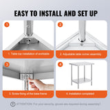 VEVOR Stainless Steel Prep Table, 24 x 30 x 34 Inch, Heavy Duty Metal Worktable with 3 Adjustable Height Levels, Commercial Workstation for Kitchen