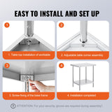 VEVOR Stainless Steel Prep Table, 24 x 30 x 34 Inch, Heavy Duty Metal Worktable with 3 Adjustable Height Levels, Commercial Workstation for Kitchen Garage Restaurant Backyard - Rear View